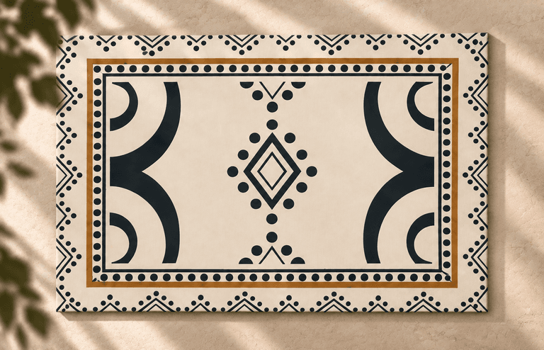 The KIND Circle pattern on a cream textile with a dotted border