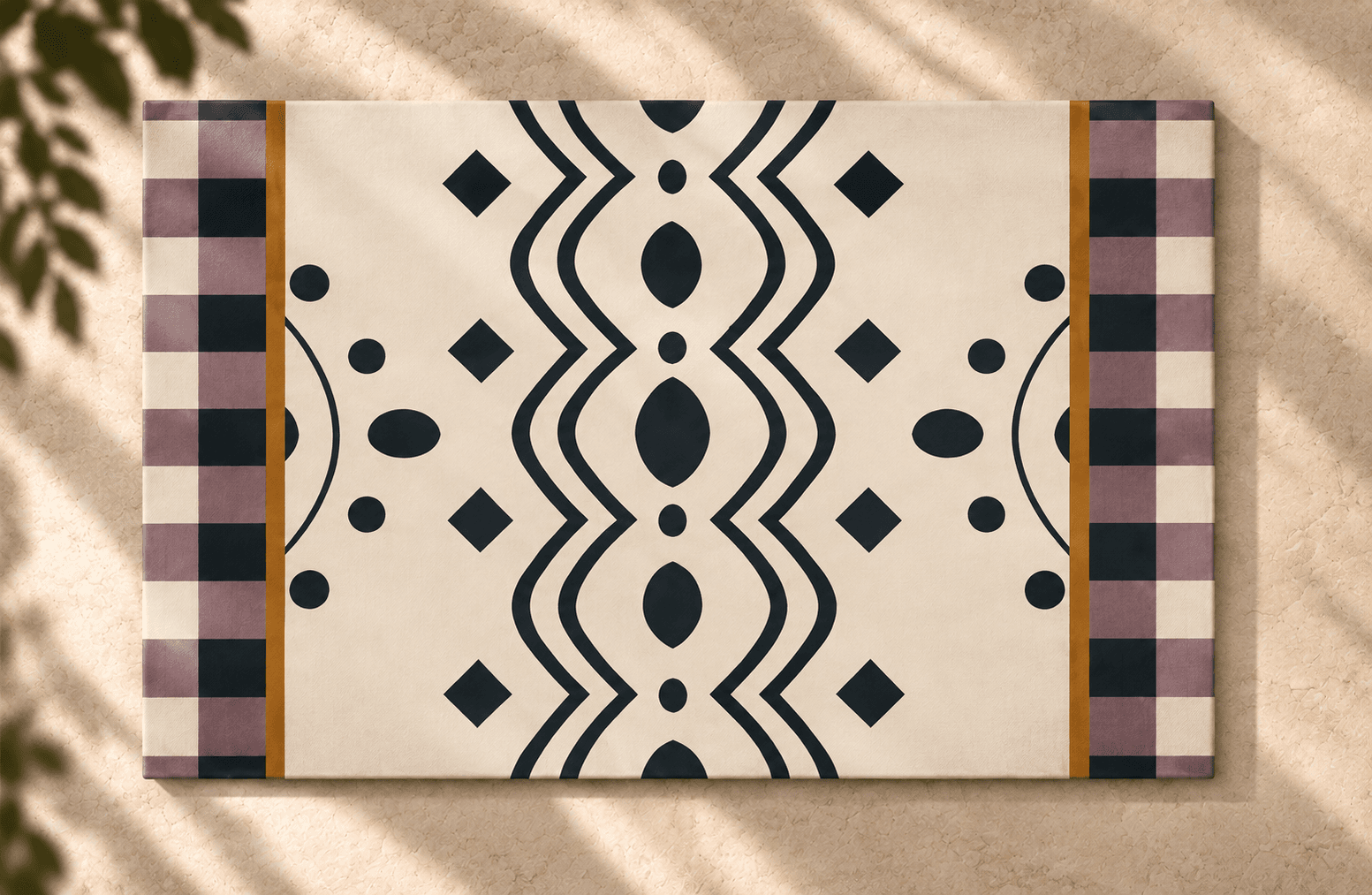 The KIND Shakti pattern on a cream textile with checked borders