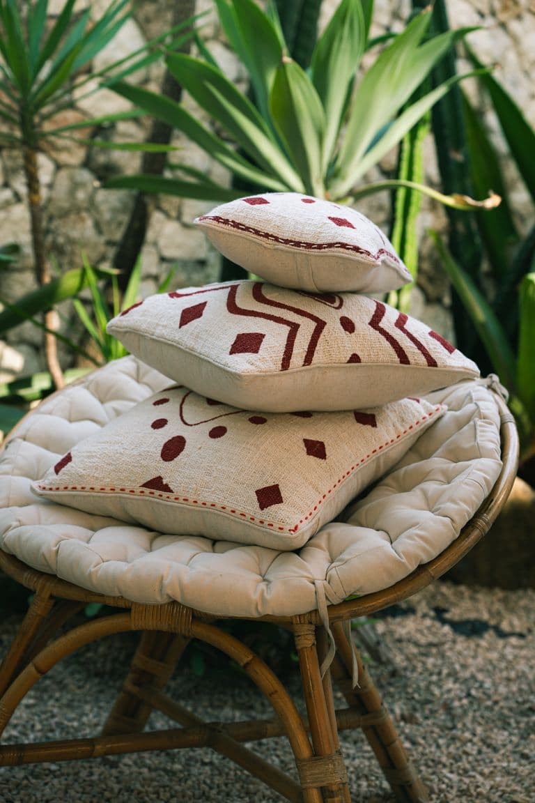 Cream and terracotta KIND cushions on a rattan chair.