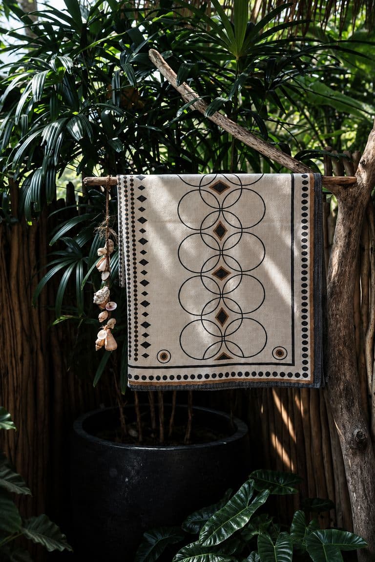 Printed KIND bedcover hanging among tropical plants